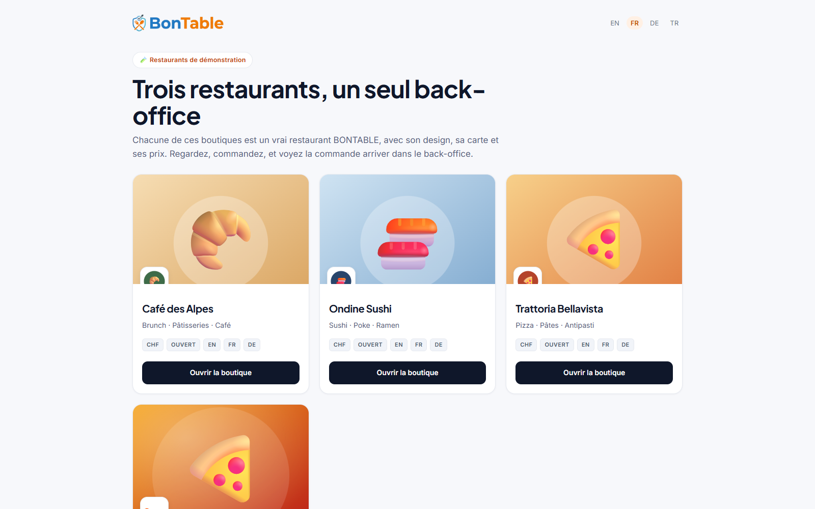 Restaurants de démonstration BONTABLE sur demo.bontable.net